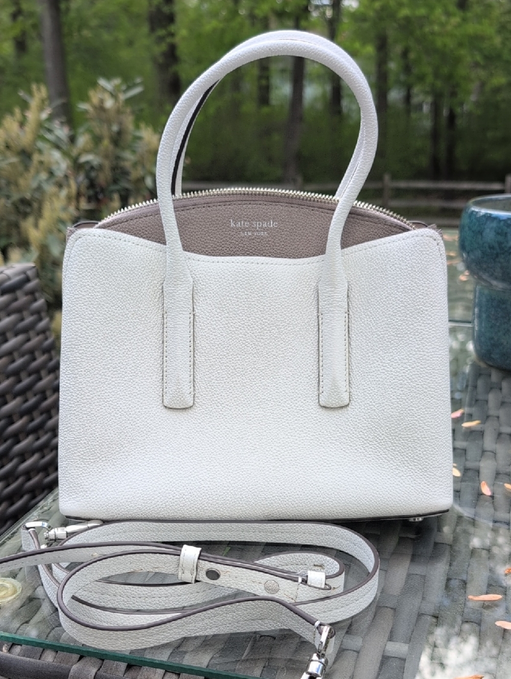 Kate Spade Margaux White And Taupe Leather Satchel With Shoulder Strap.